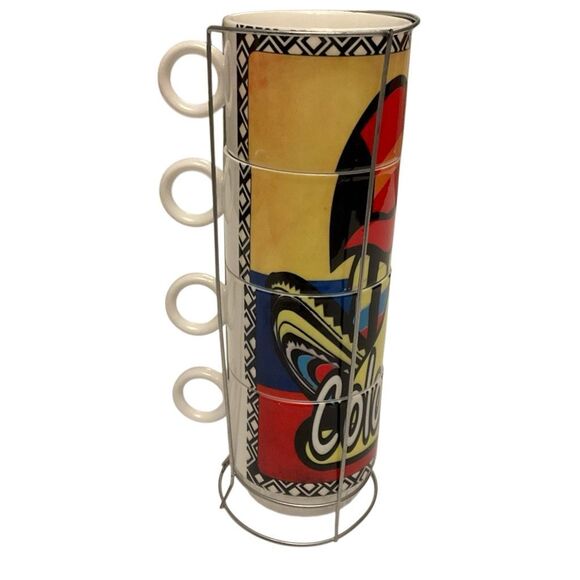 Vintage Columbia Toucan Stacking Coffee Cups. Set of 4 with Metal Holder - Picture 2 of 16